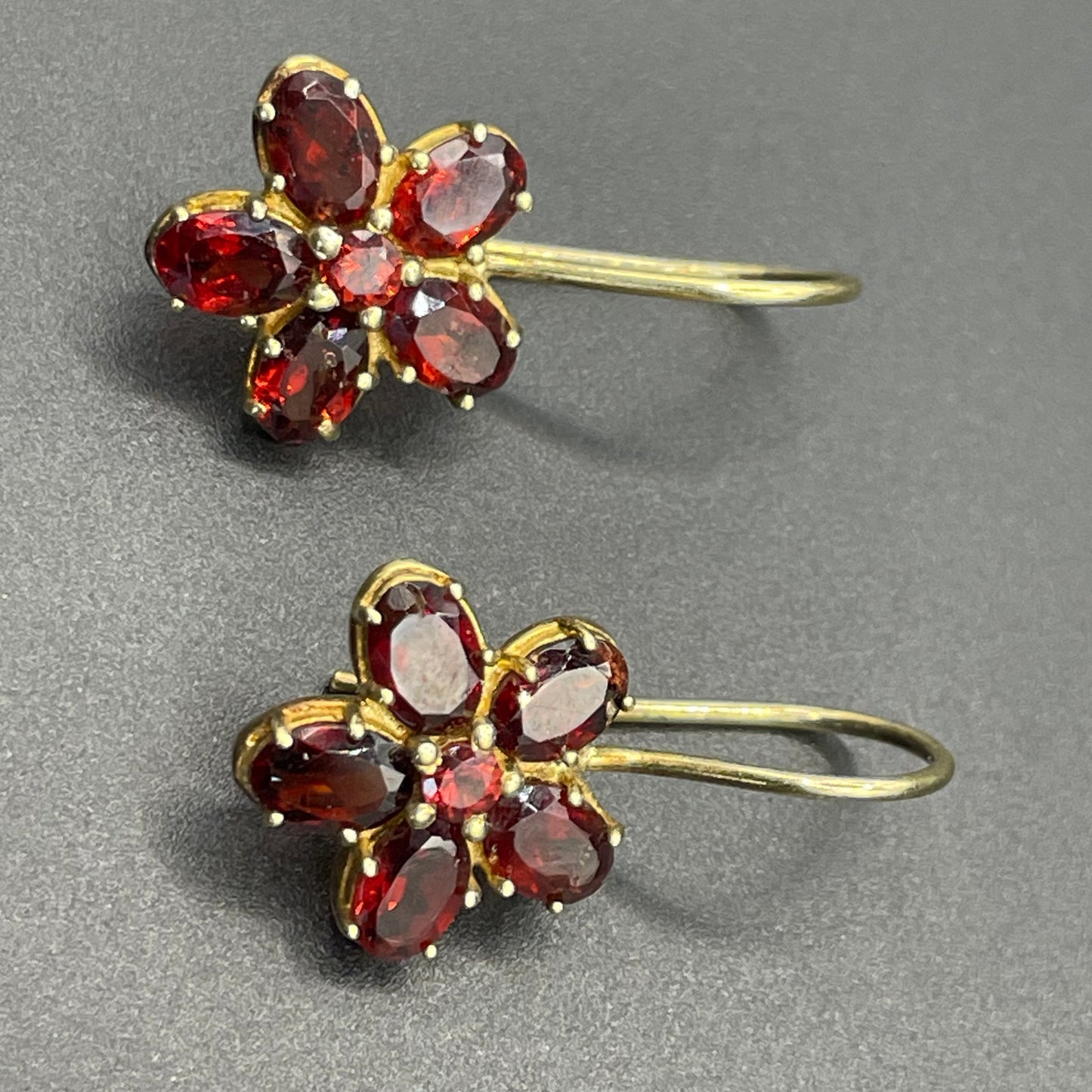 Vintage sterling silver gold vermeil red garnet floral drop earrings, beautiful pieces in presentation box