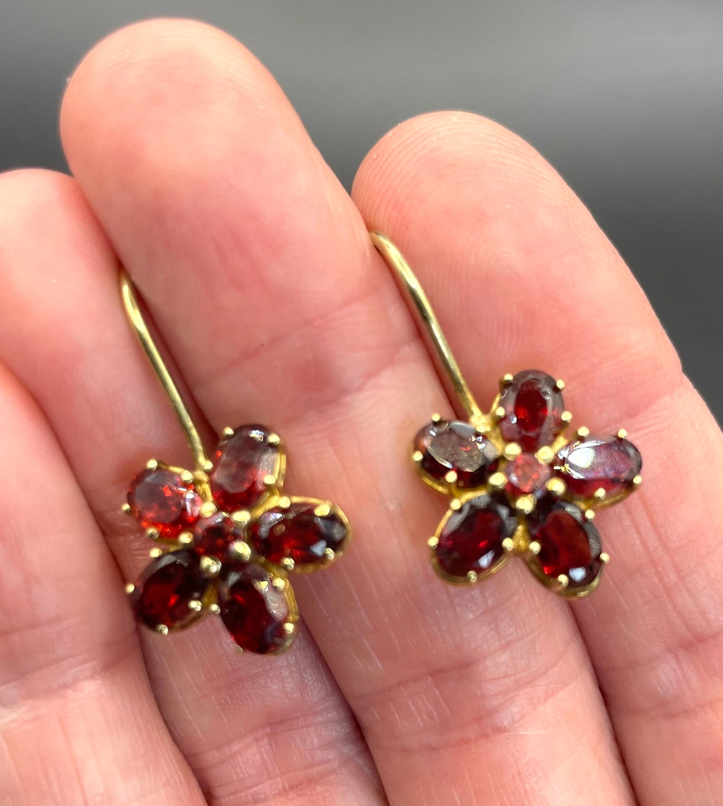Vintage sterling silver gold vermeil red garnet floral drop earrings, beautiful pieces in presentation box