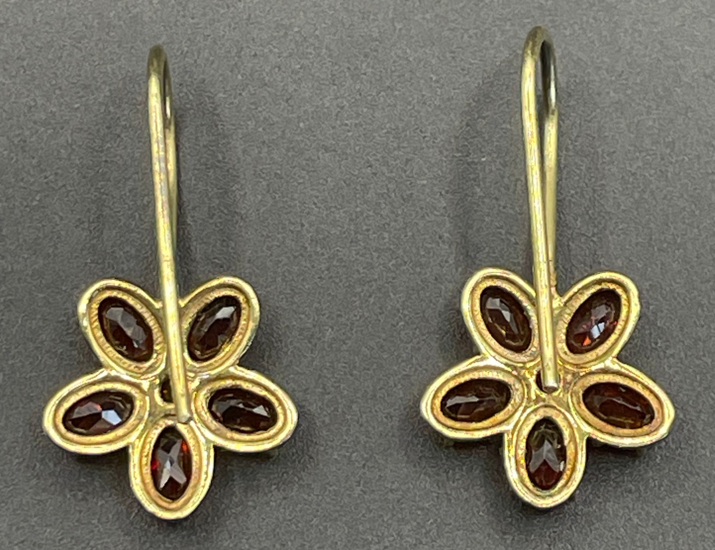 Vintage sterling silver gold vermeil red garnet floral drop earrings, beautiful pieces in presentation box