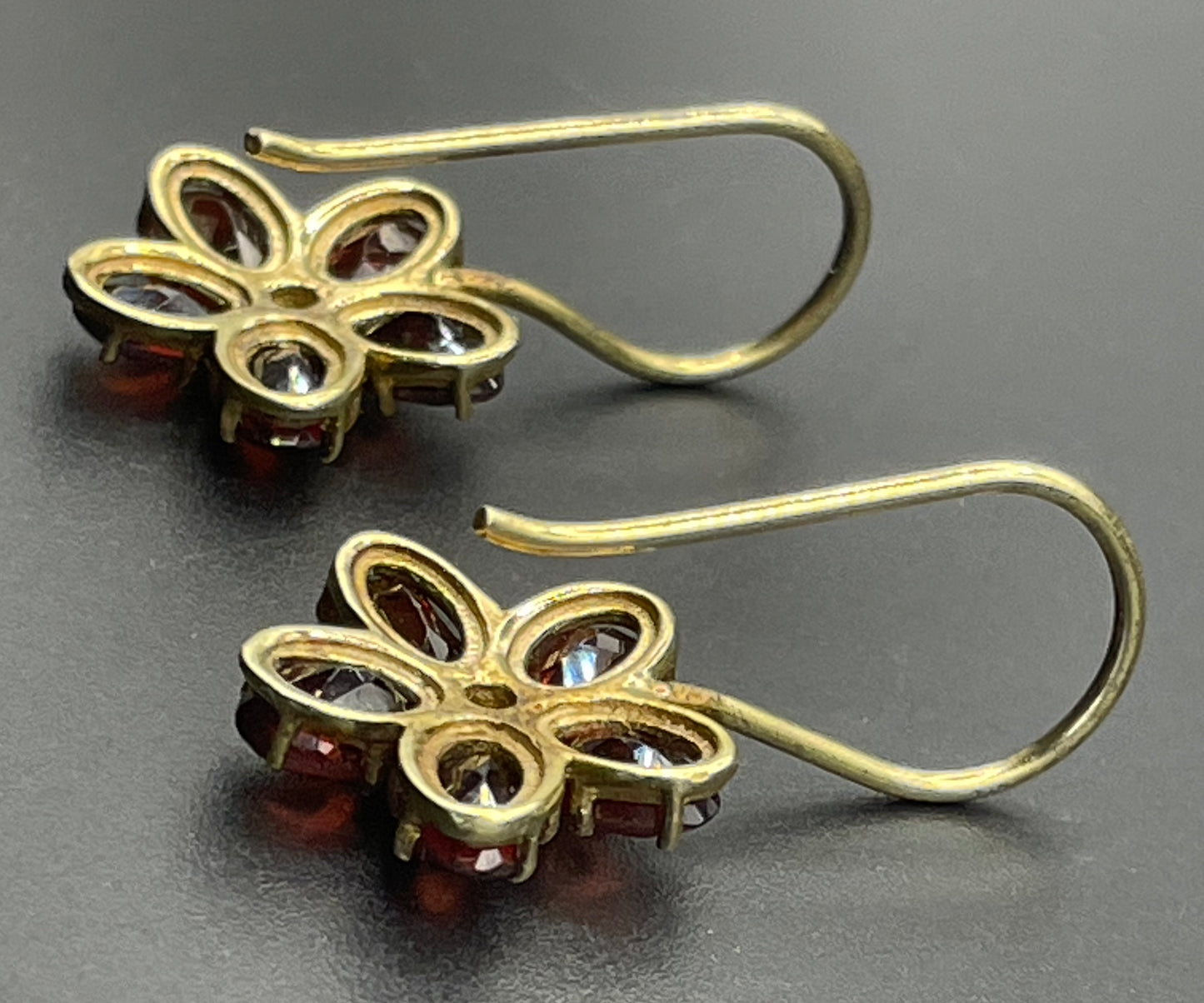 Vintage sterling silver gold vermeil red garnet floral drop earrings, beautiful pieces in presentation box