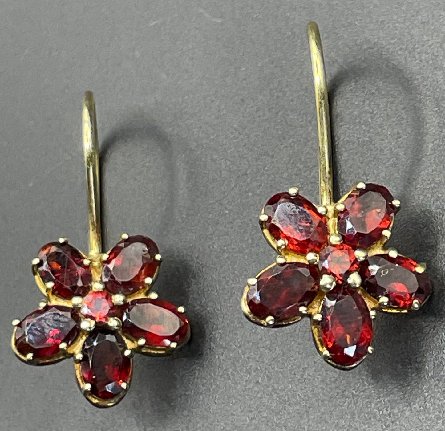 Vintage sterling silver gold vermeil red garnet floral drop earrings, beautiful pieces in presentation box
