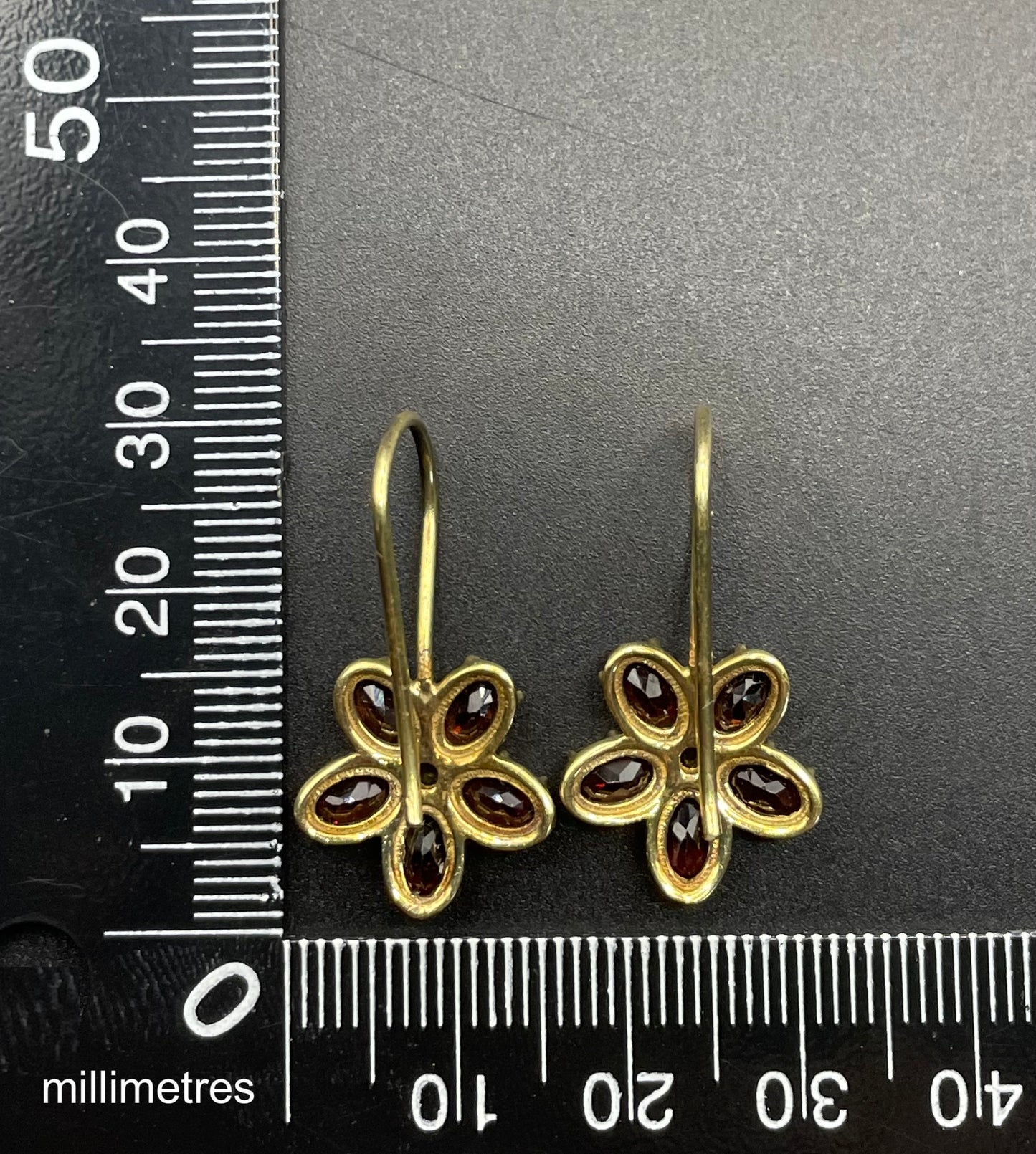 Vintage sterling silver gold vermeil red garnet floral drop earrings, beautiful pieces in presentation box
