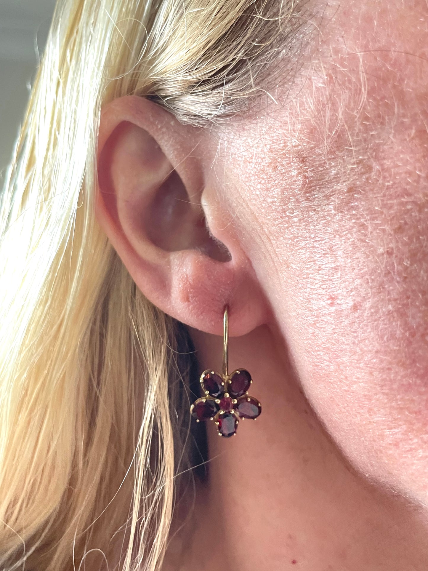 Vintage sterling silver gold vermeil red garnet floral drop earrings, beautiful pieces in presentation box