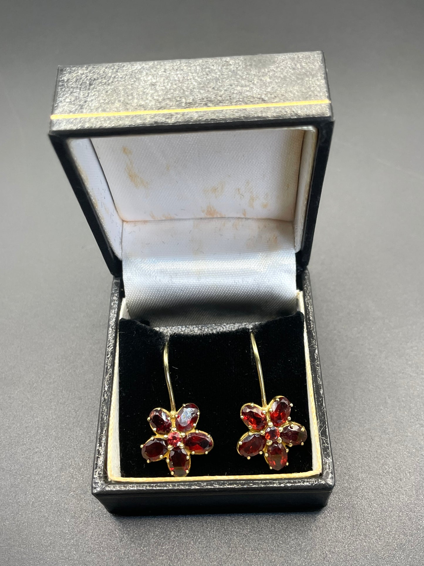 Vintage sterling silver gold vermeil red garnet floral drop earrings, beautiful pieces in presentation box