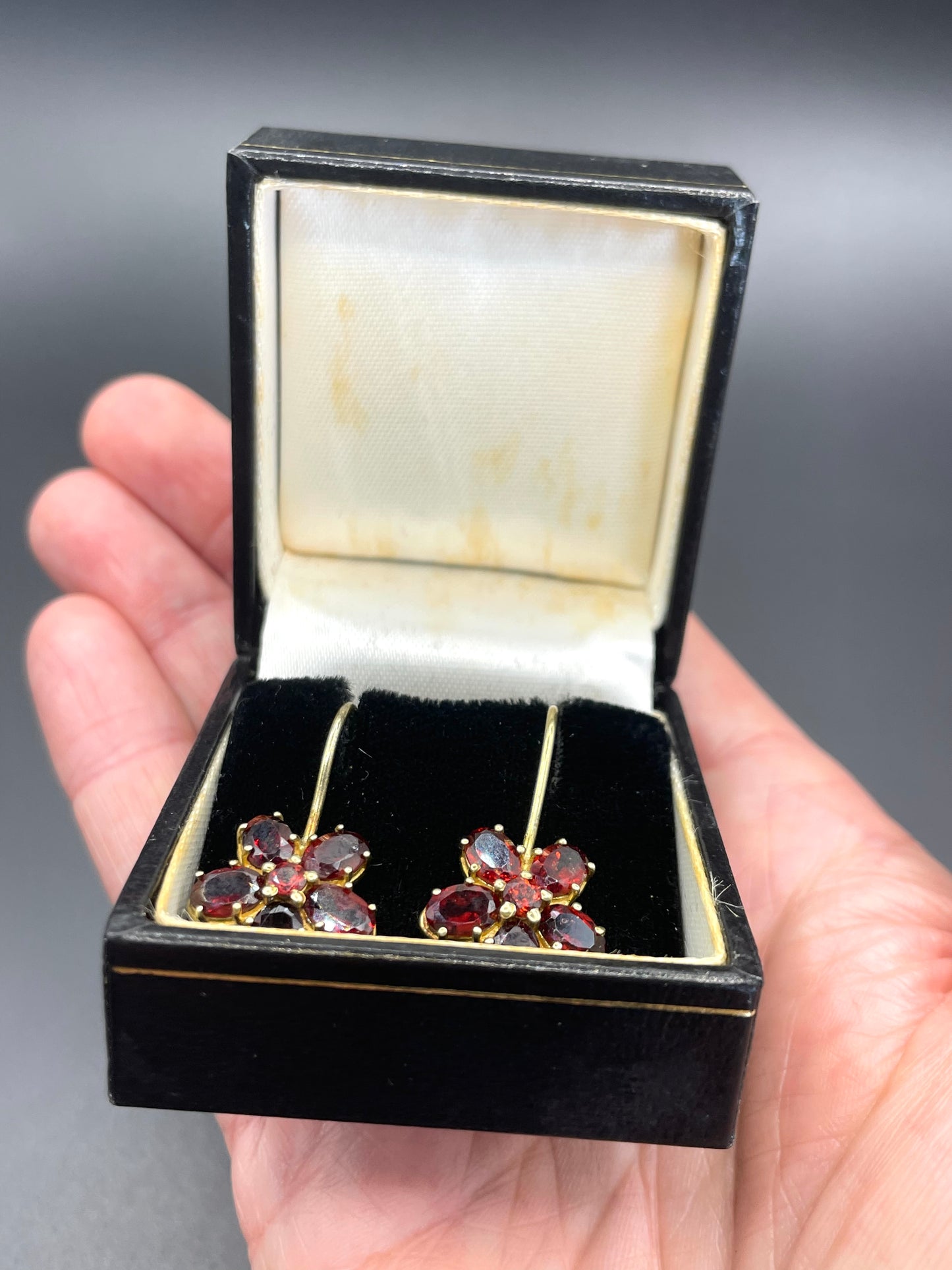 Vintage sterling silver gold vermeil red garnet floral drop earrings, beautiful pieces in presentation box