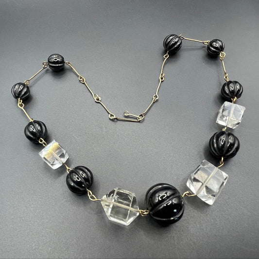 Vintage Art Deco chunky clear crystal faceted bead and carved early plastic melon / pumpkin bead necklace, with rolled gold wires