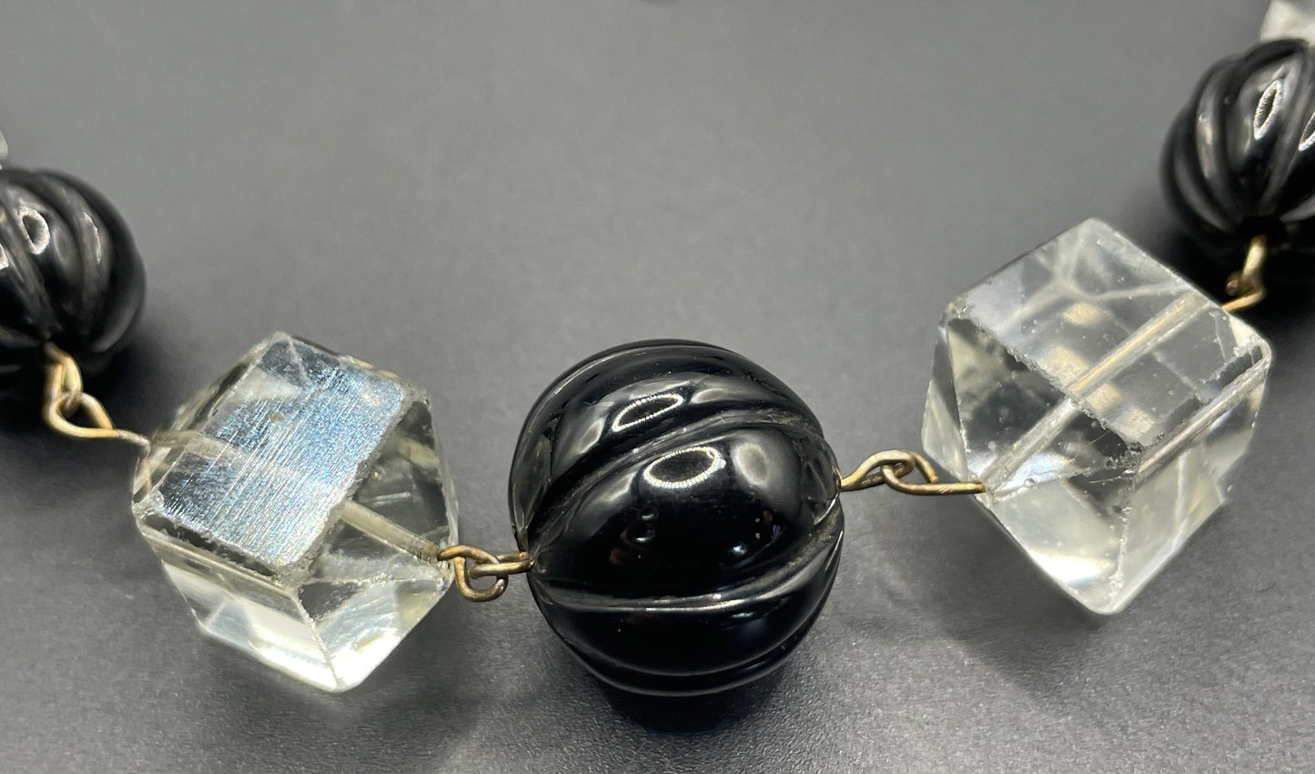 Vintage Art Deco chunky clear crystal faceted bead and carved early plastic melon / pumpkin bead necklace, with rolled gold wires