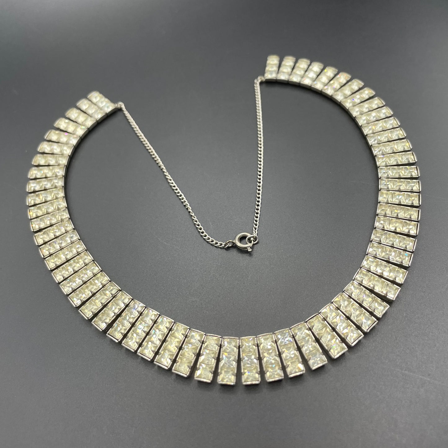 Vintage Art Deco clear crystal glass necklace, gorgeous princess cut square rhinestones