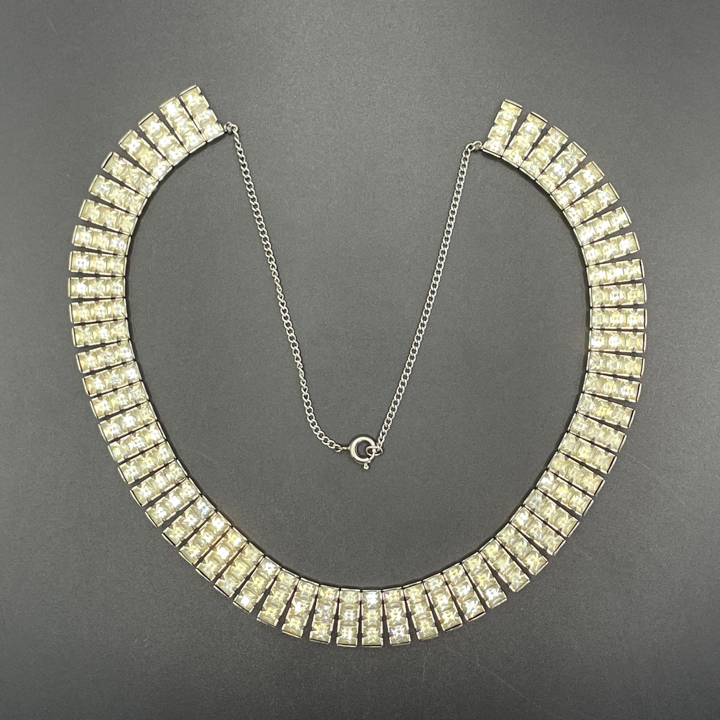 Vintage Art Deco clear crystal glass necklace, gorgeous princess cut square rhinestones