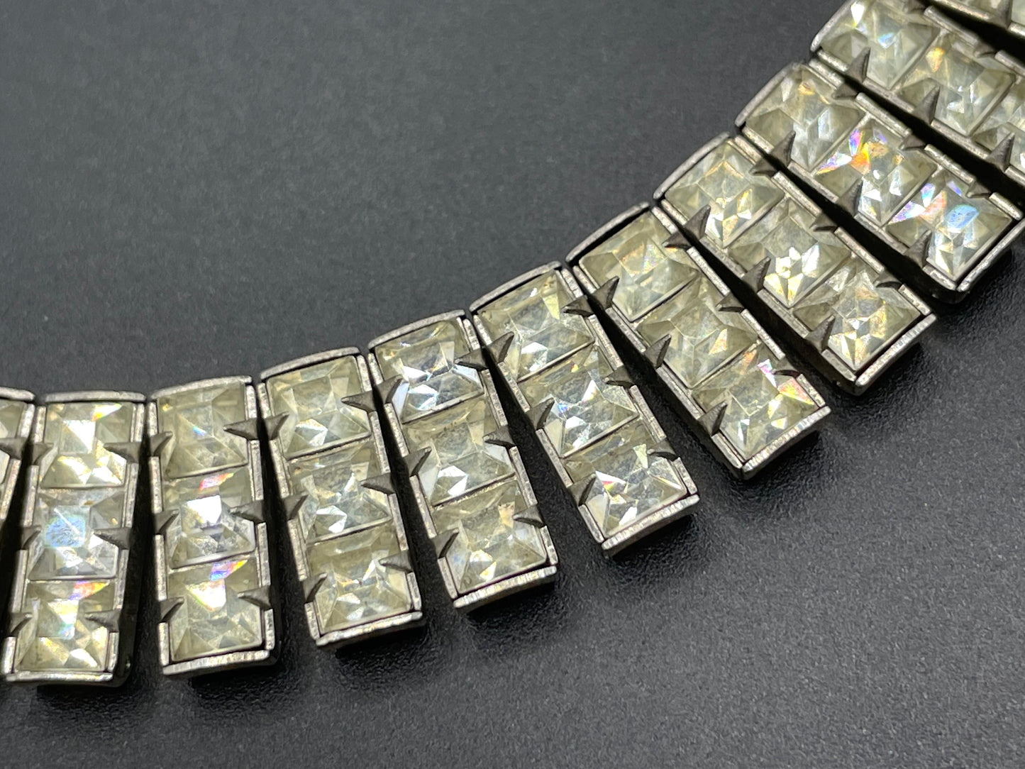 Vintage Art Deco clear crystal glass necklace, gorgeous princess cut square rhinestones