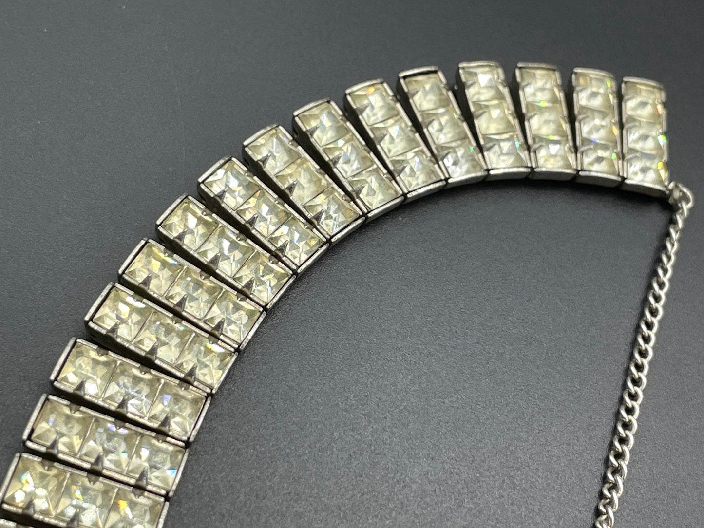 Vintage Art Deco clear crystal glass necklace, gorgeous princess cut square rhinestones