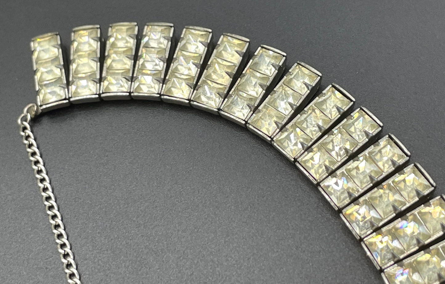 Vintage Art Deco clear crystal glass necklace, gorgeous princess cut square rhinestones