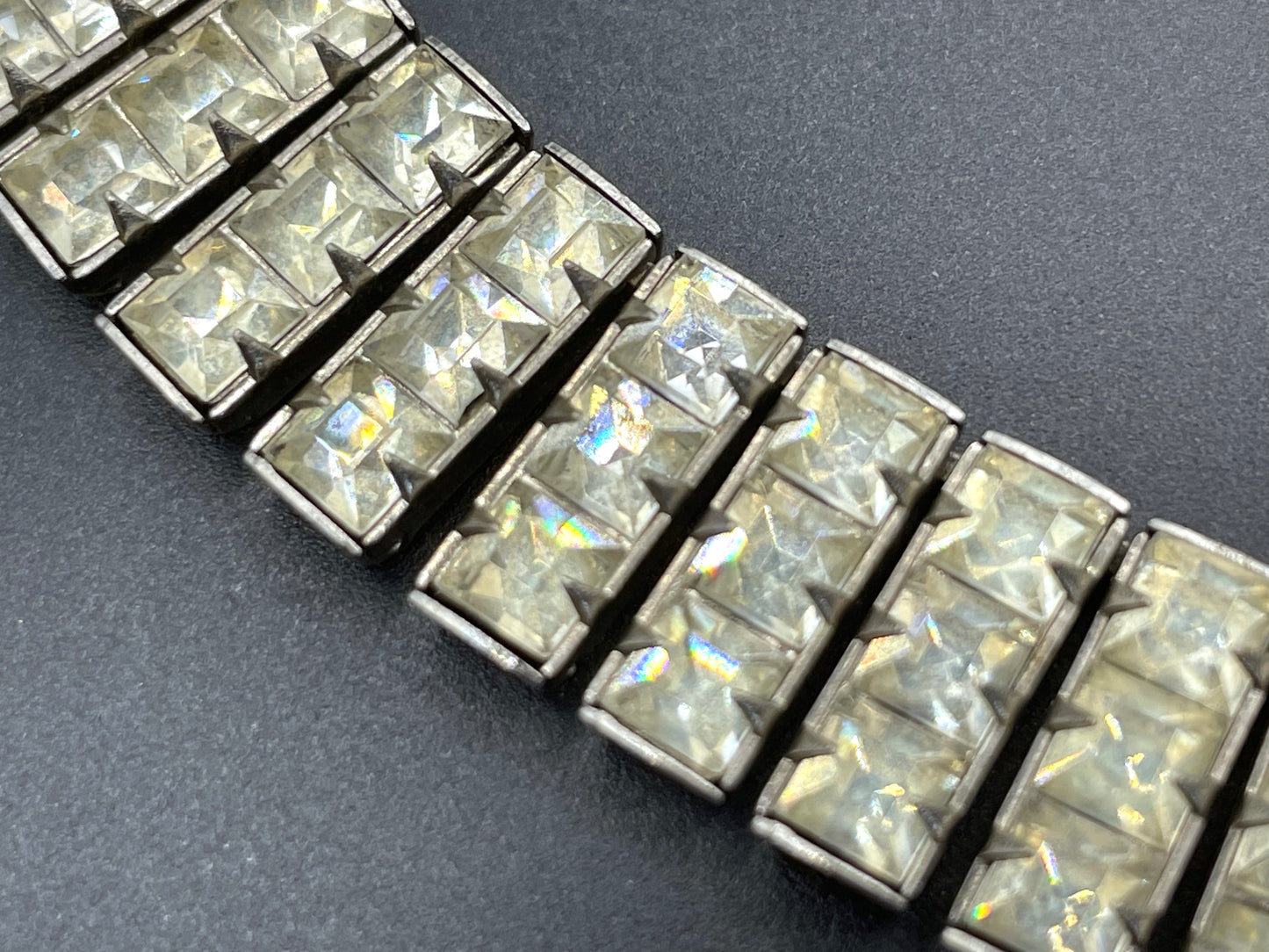 Vintage Art Deco clear crystal glass necklace, gorgeous princess cut square rhinestones