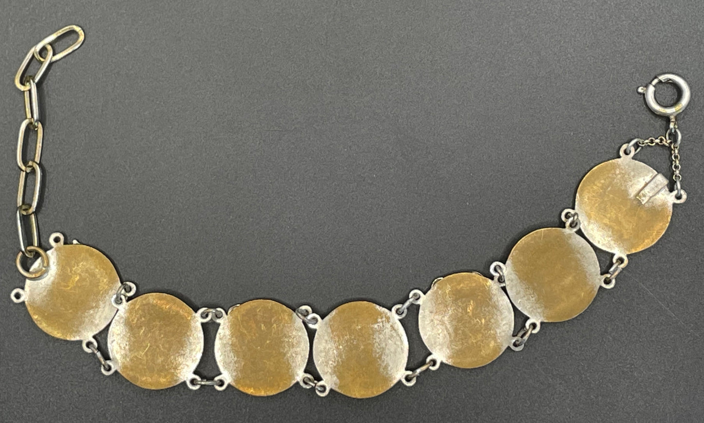Vintage Egyptian revival scarab, pharaoh and hieroglyphics design silver tone circular panel bracelet, rubbing to silver tone