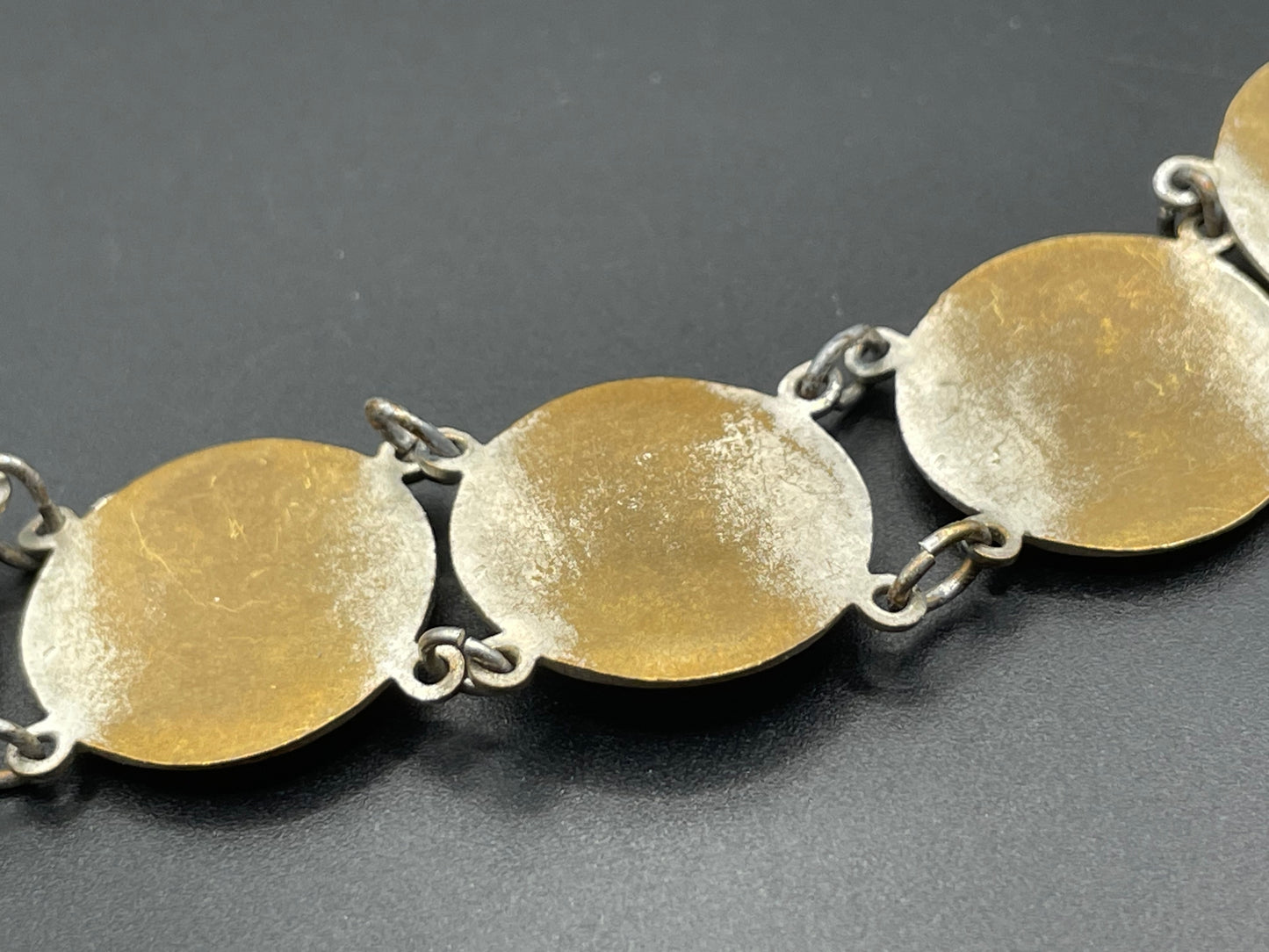 Vintage Egyptian revival scarab, pharaoh and hieroglyphics design silver tone circular panel bracelet, rubbing to silver tone