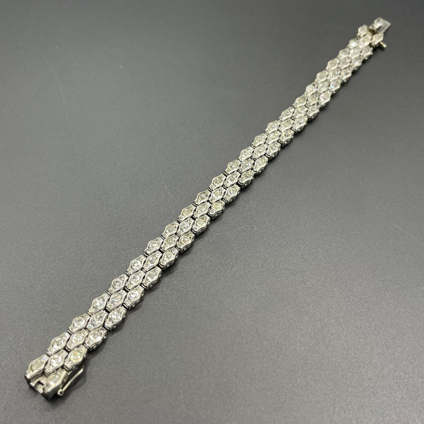 Vintage Art Deco unsigned Schreiber & Hiller channel set paste rhinestone geometric machine age cocktail bracelet