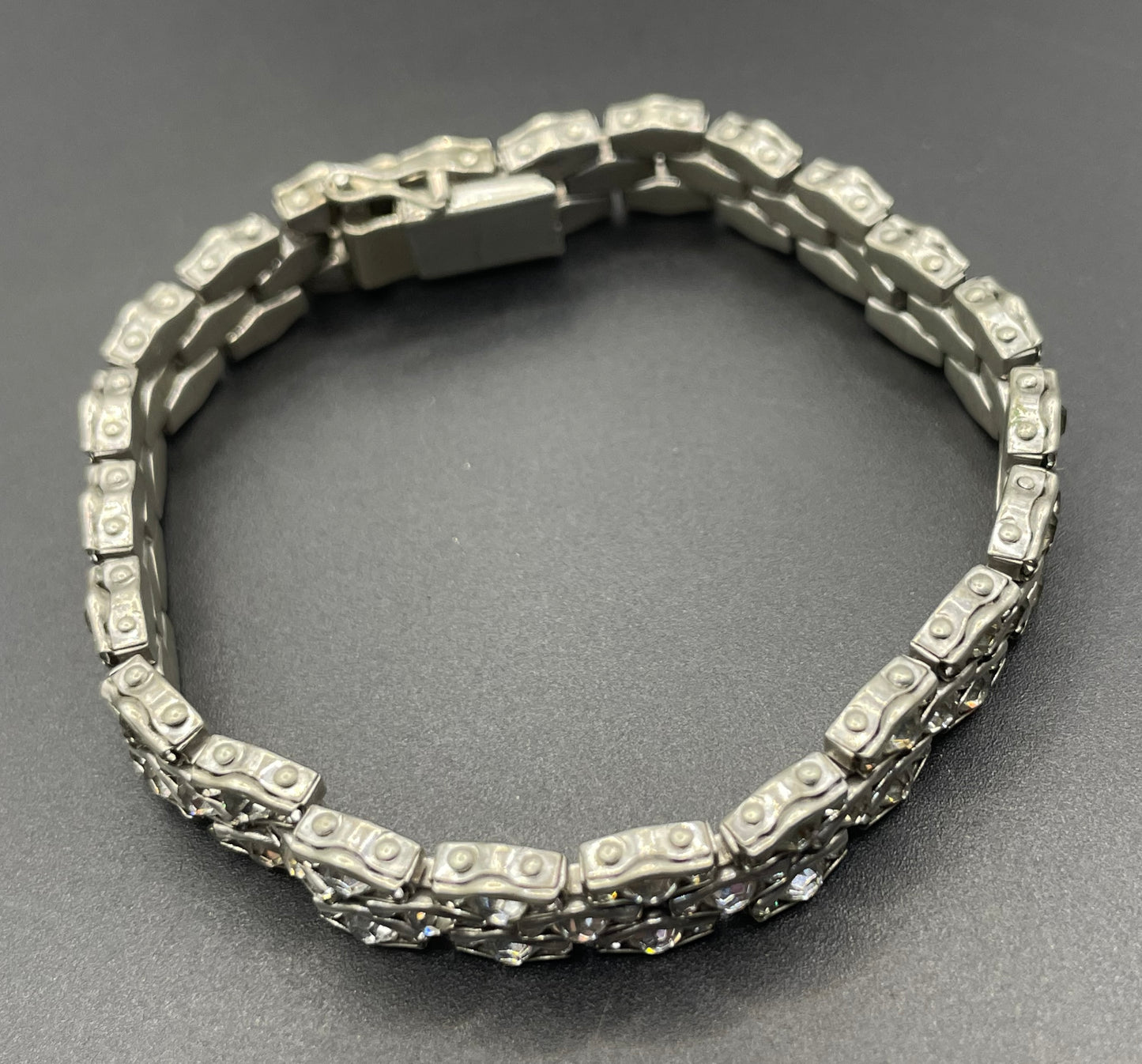 Vintage Art Deco unsigned Schreiber & Hiller channel set paste rhinestone geometric machine age cocktail bracelet