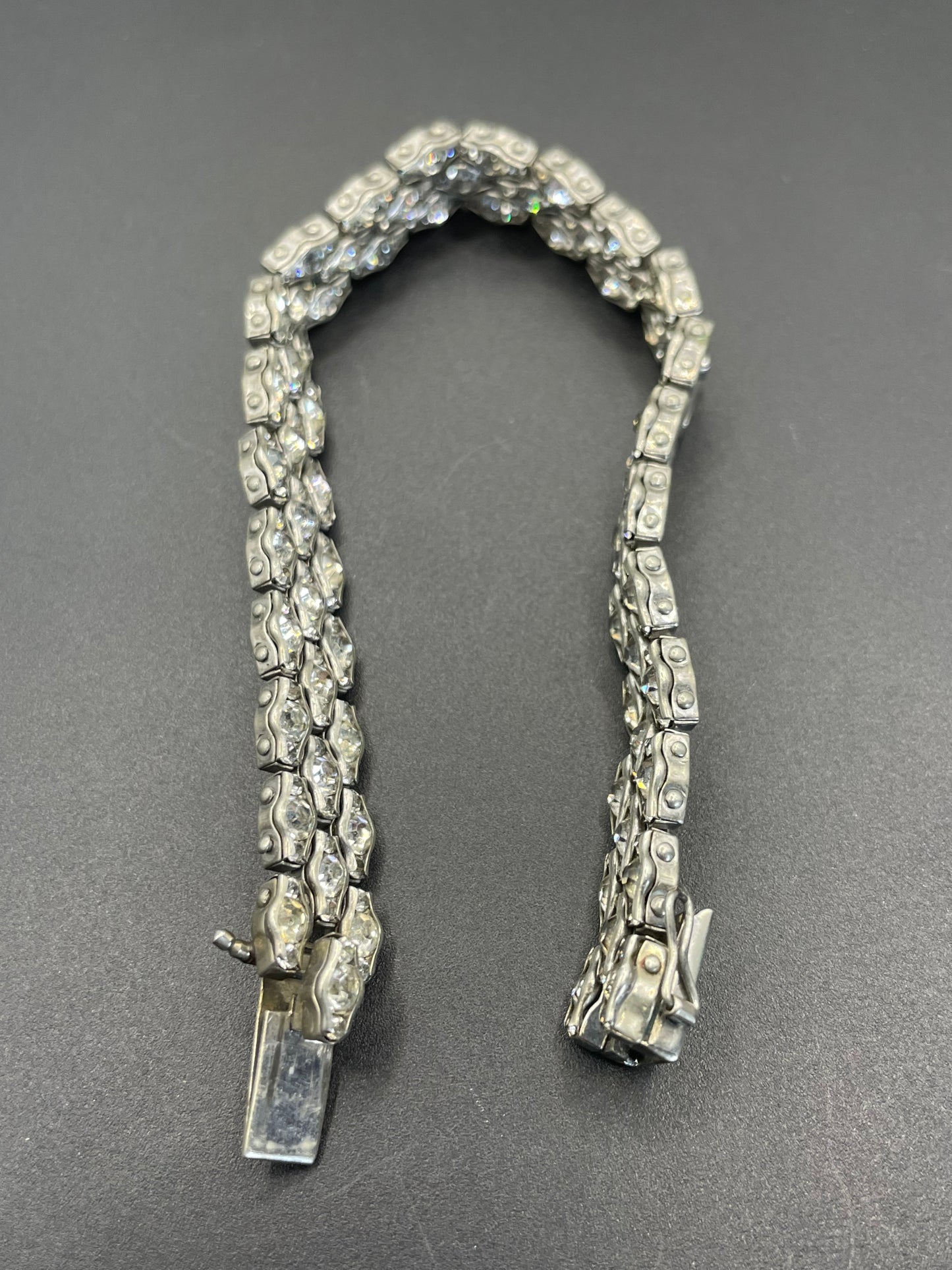 Vintage Art Deco unsigned Schreiber & Hiller channel set paste rhinestone geometric machine age cocktail bracelet