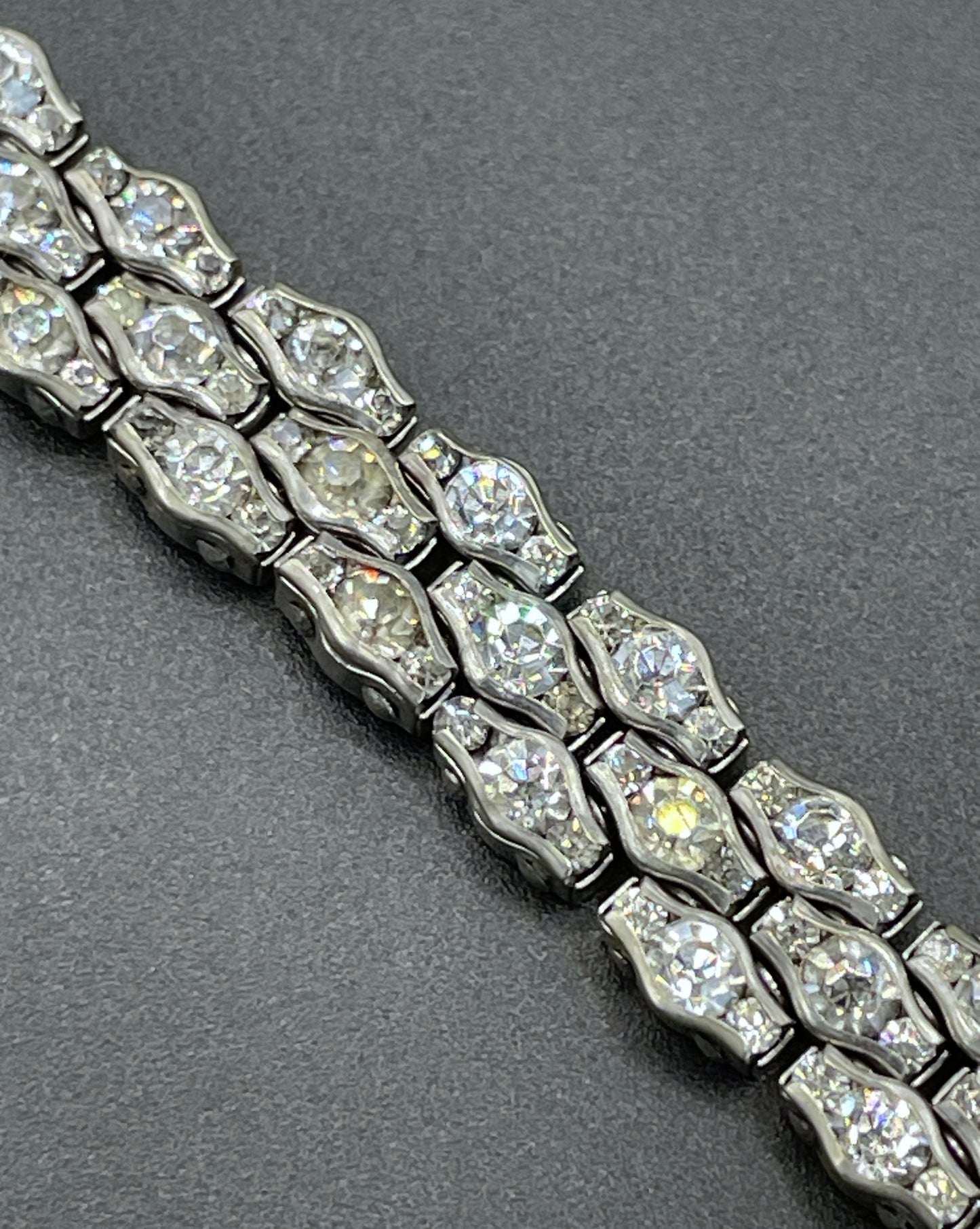 Vintage Art Deco unsigned Schreiber & Hiller channel set paste rhinestone geometric machine age cocktail bracelet