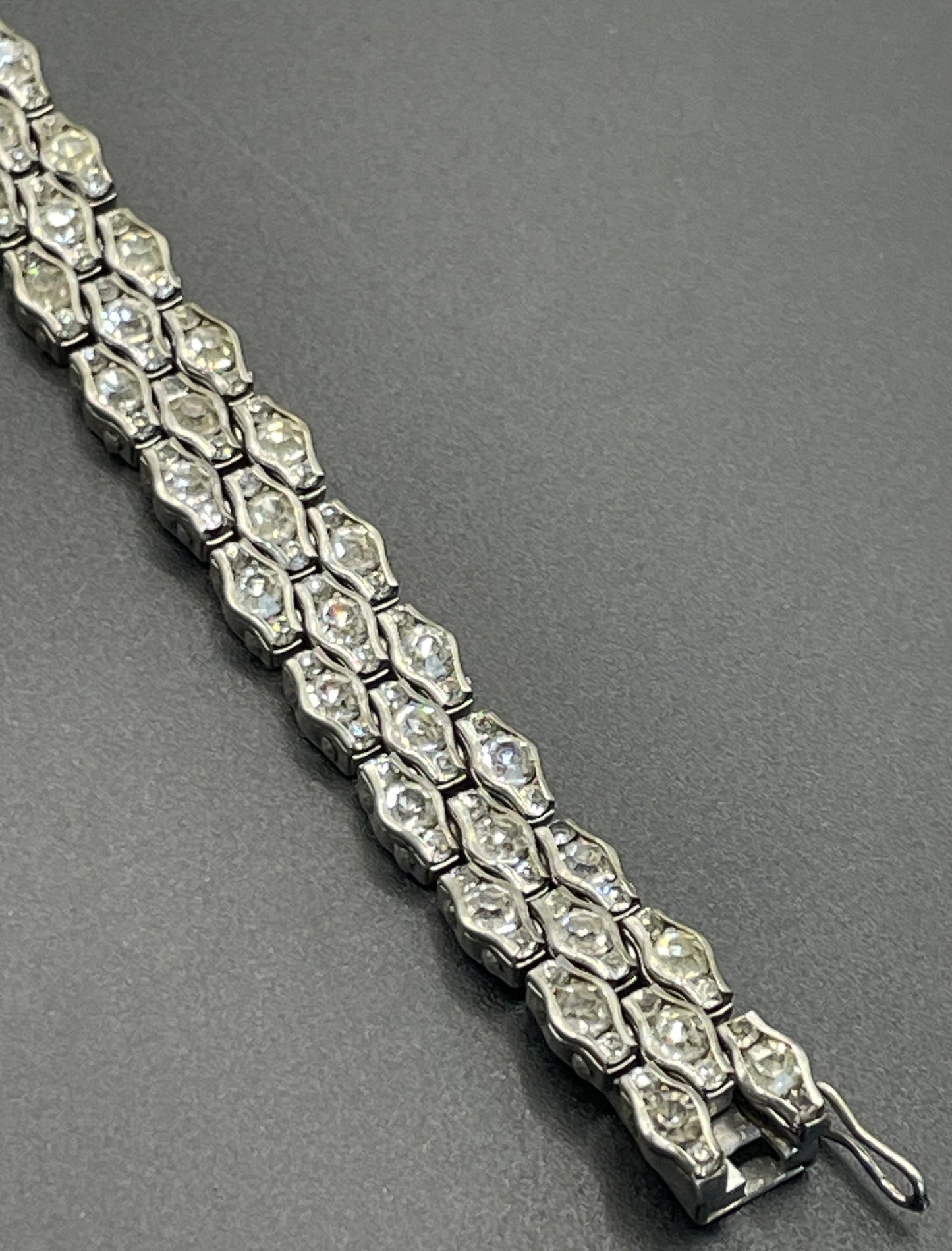Vintage Art Deco unsigned Schreiber & Hiller channel set paste rhinestone geometric machine age cocktail bracelet