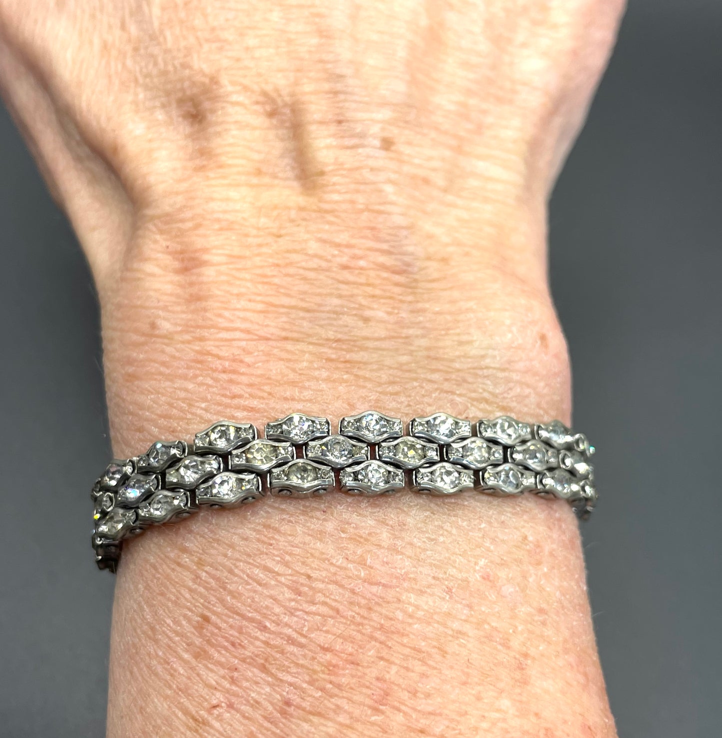 Vintage Art Deco unsigned Schreiber & Hiller channel set paste rhinestone geometric machine age cocktail bracelet