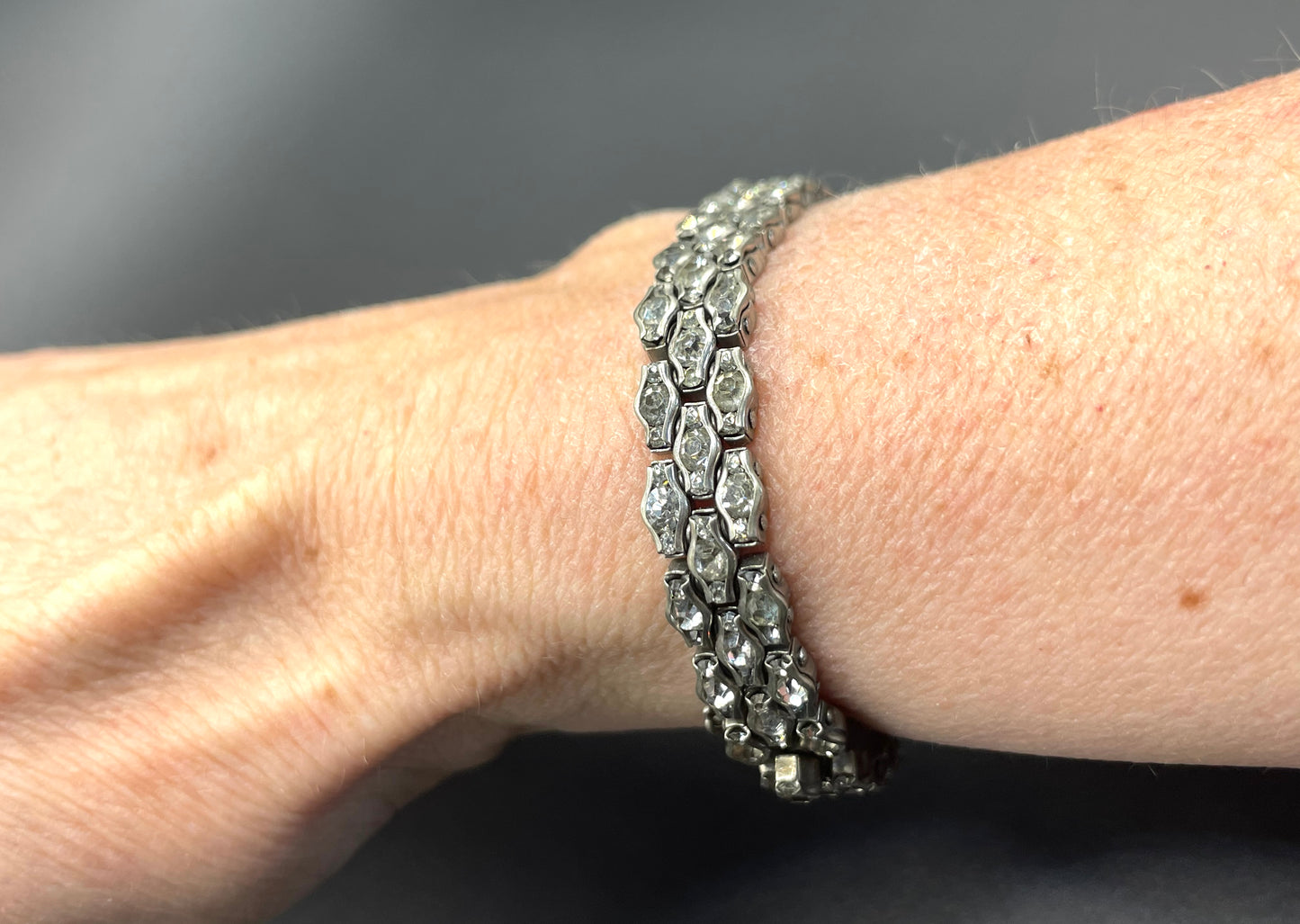 Vintage Art Deco unsigned Schreiber & Hiller channel set paste rhinestone geometric machine age cocktail bracelet