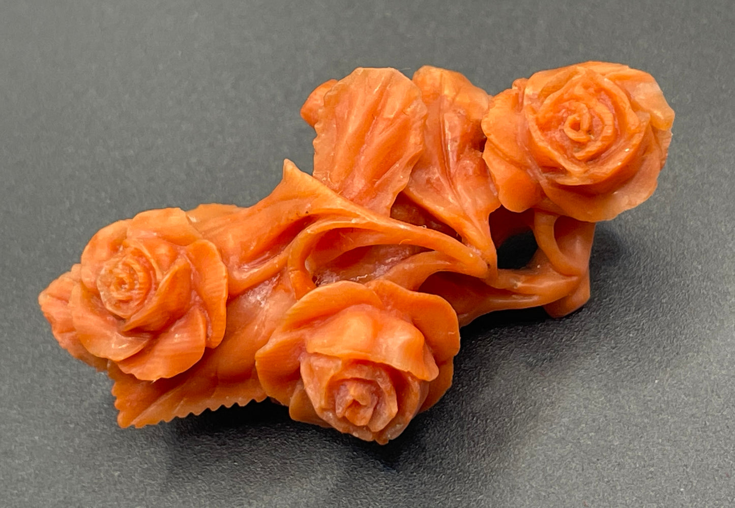 Antique Victorian carved coral and yellow metal rose flower design brooch (with pendant converter), possibly unmarked gold pin, 11 grams