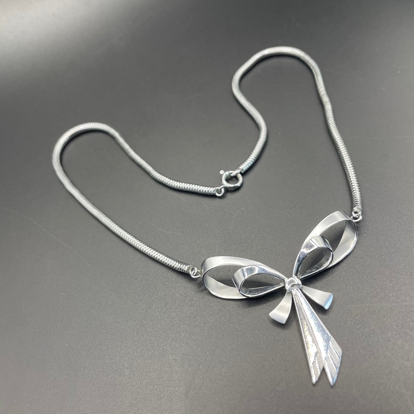 Vintage Jakob Bengel Art Deco machine age chrome snake chain bow necklace