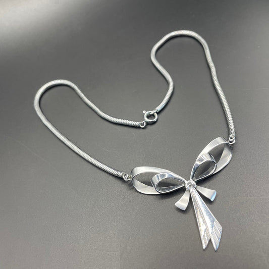 Vintage Jakob Bengel Art Deco machine age chrome snake chain bow necklace