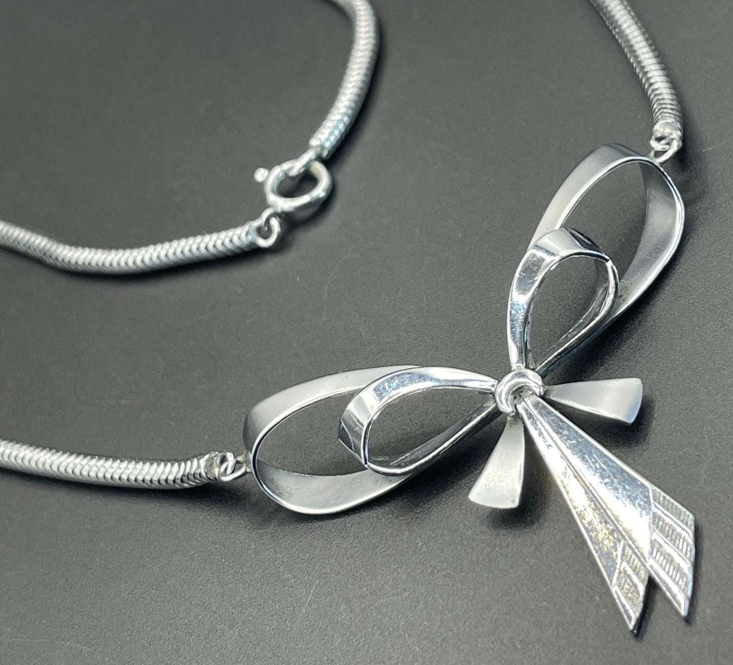 Vintage Jakob Bengel Art Deco machine age chrome snake chain bow necklace