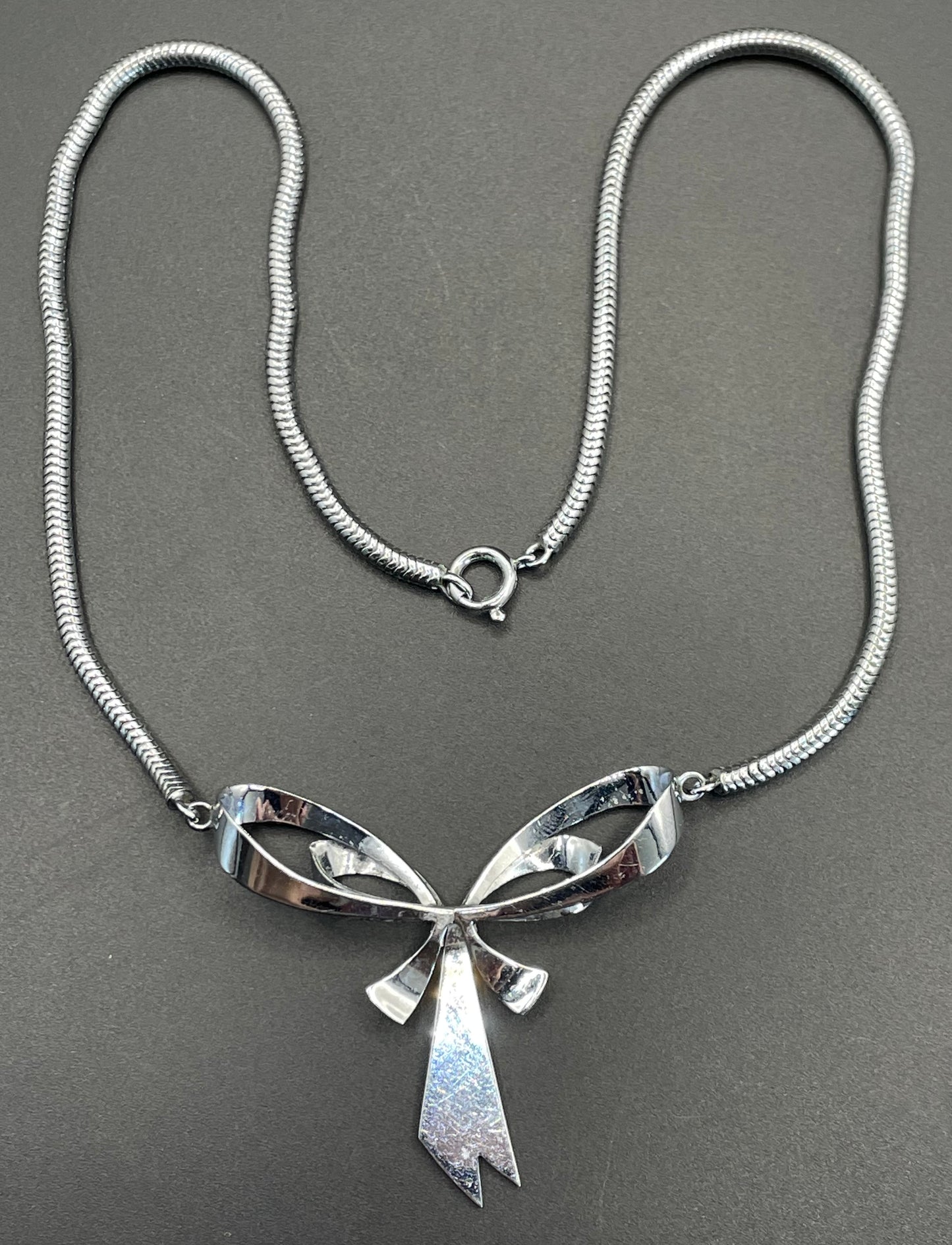 Vintage Jakob Bengel Art Deco machine age chrome snake chain bow necklace