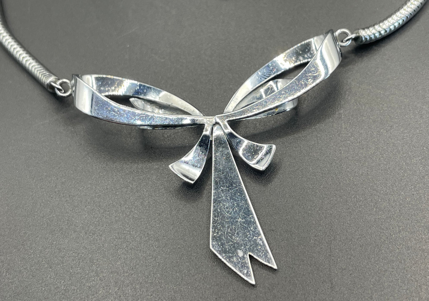 Vintage Jakob Bengel Art Deco machine age chrome snake chain bow necklace