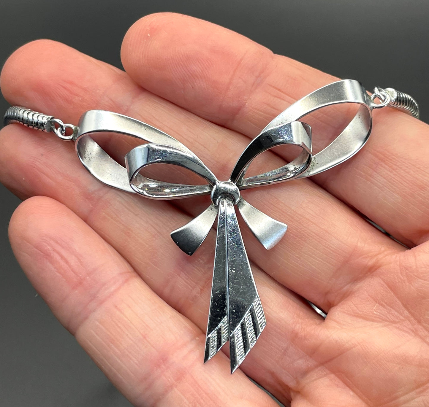 Vintage Jakob Bengel Art Deco machine age chrome snake chain bow necklace