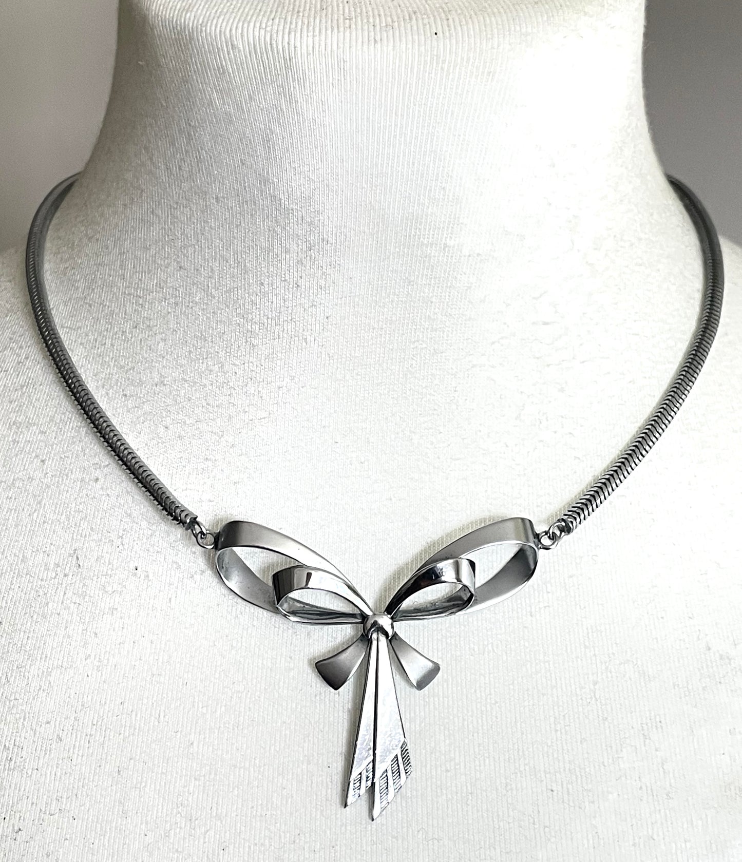 Vintage Jakob Bengel Art Deco machine age chrome snake chain bow necklace