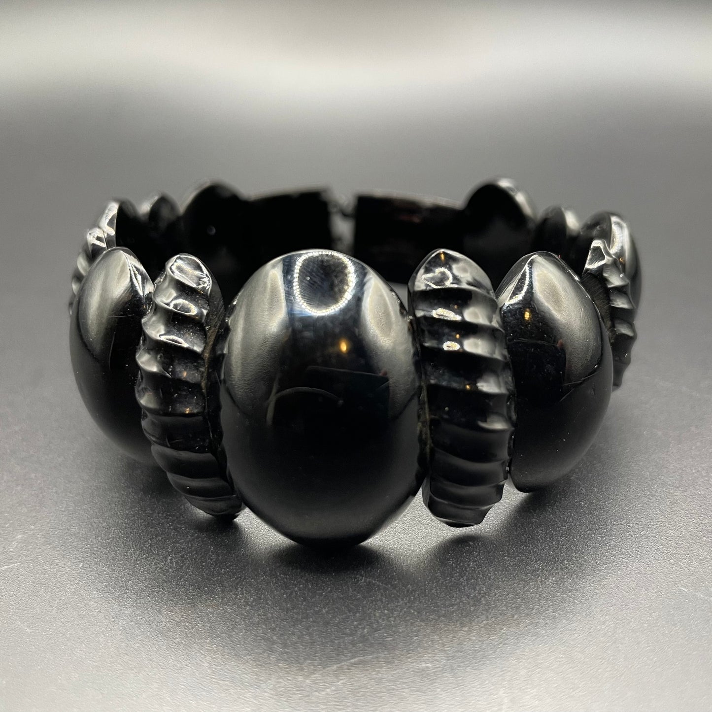 Antique Victorian Whitby jet hand carved chunky bead stretch bracelet, with beautiful carving, 27 grams