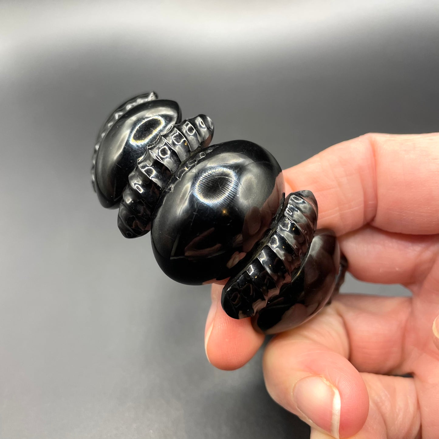 Antique Victorian Whitby jet hand carved chunky bead stretch bracelet, with beautiful carving, 27 grams