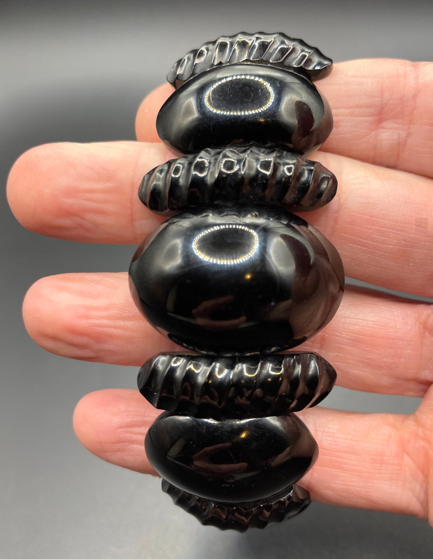 Antique Victorian Whitby jet hand carved chunky bead stretch bracelet, with beautiful carving, 27 grams