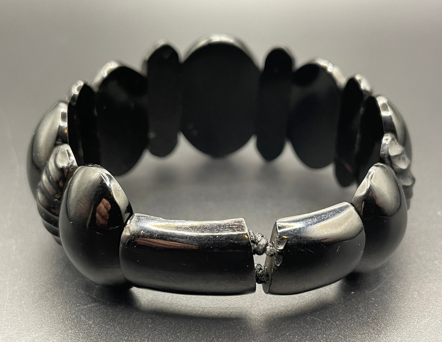 Antique Victorian Whitby jet hand carved chunky bead stretch bracelet, with beautiful carving, 27 grams