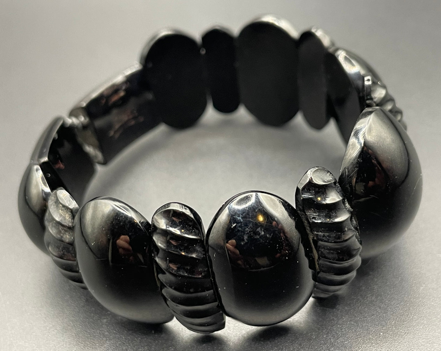 Antique Victorian Whitby jet hand carved chunky bead stretch bracelet, with beautiful carving, 27 grams