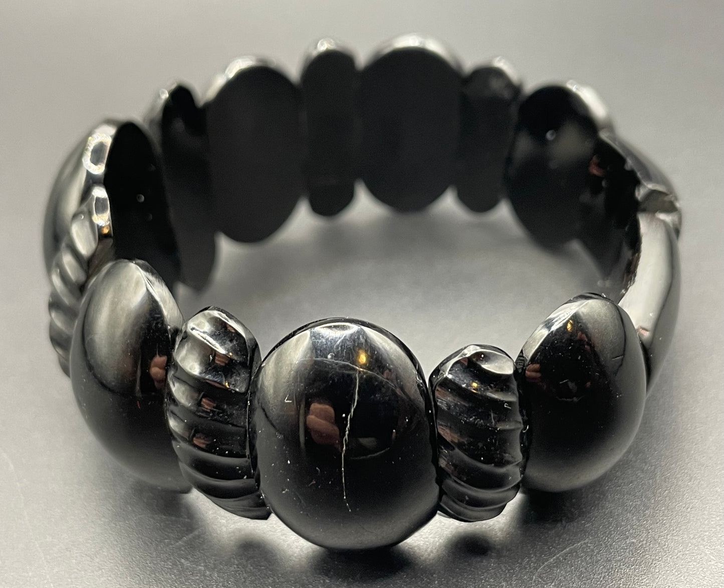 Antique Victorian Whitby jet hand carved chunky bead stretch bracelet, with beautiful carving, 27 grams