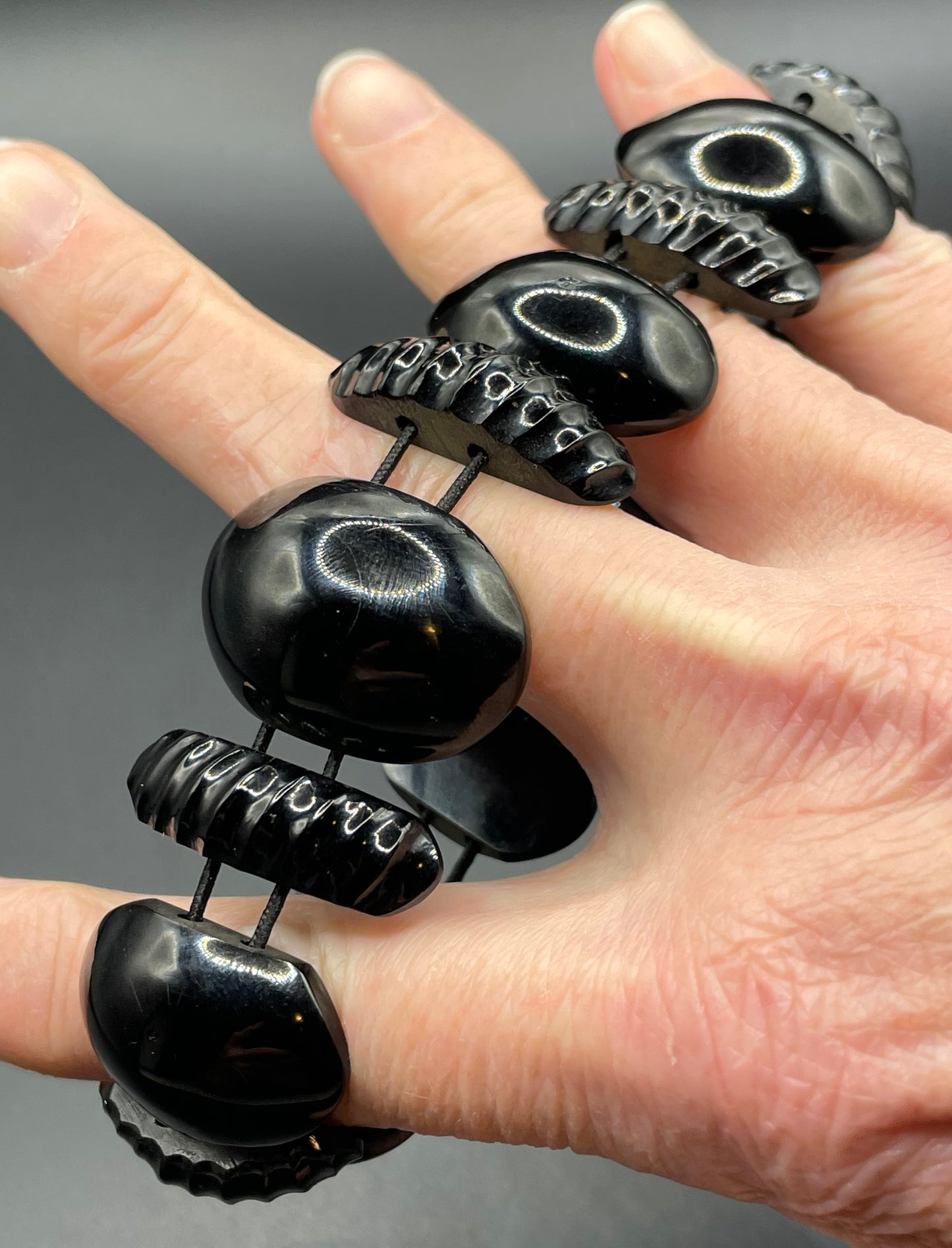 Antique Victorian Whitby jet hand carved chunky bead stretch bracelet, with beautiful carving, 27 grams