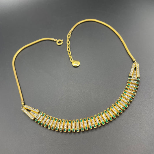 Vintage unsigned Esha Randel by Schreiber & Hiller Art Deco emerald green and clear paste rhinestone gold tone gilt machine age necklace
