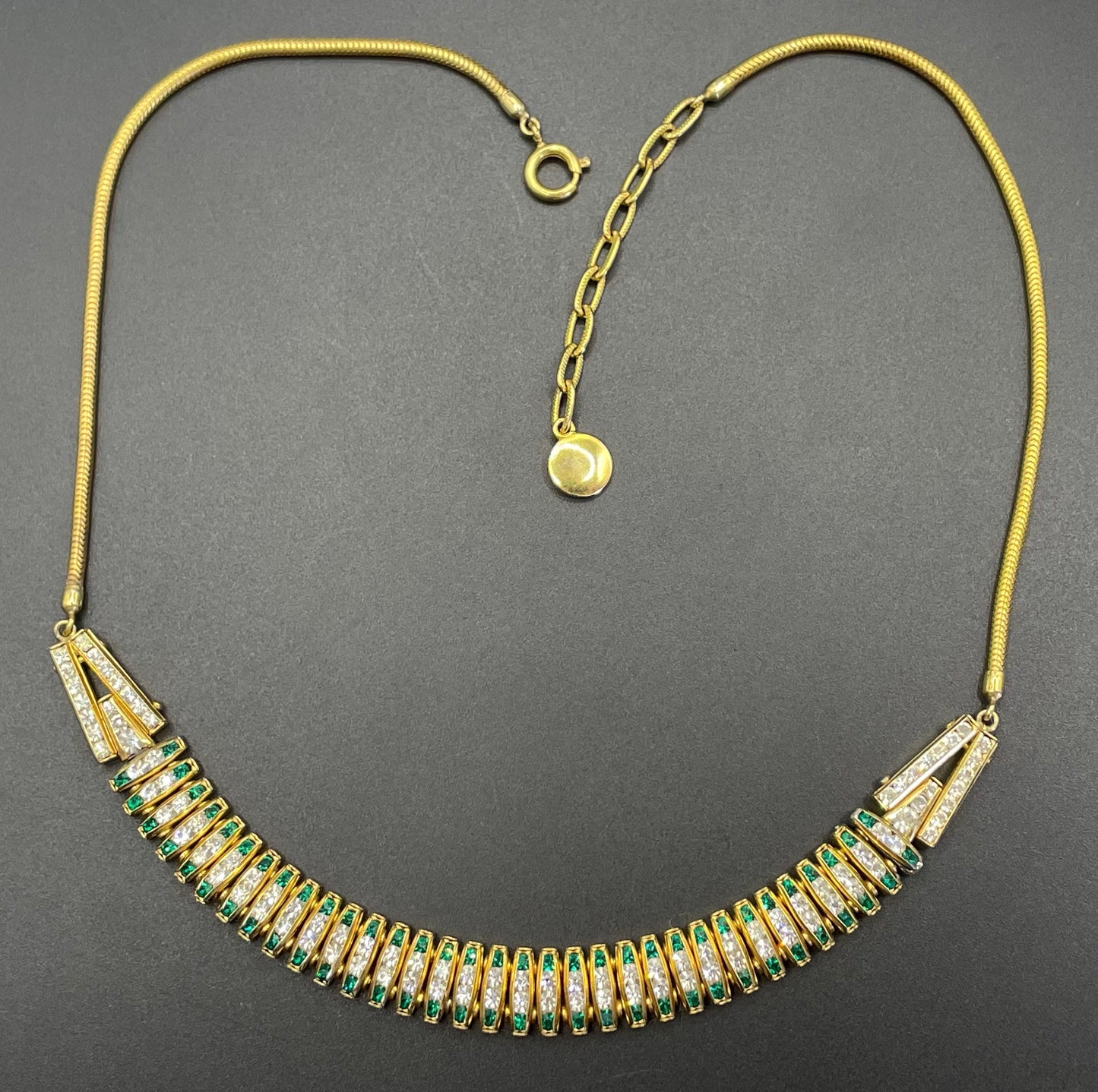 Vintage unsigned Esha Randel by Schreiber & Hiller Art Deco emerald green and clear paste rhinestone gold tone gilt machine age necklace