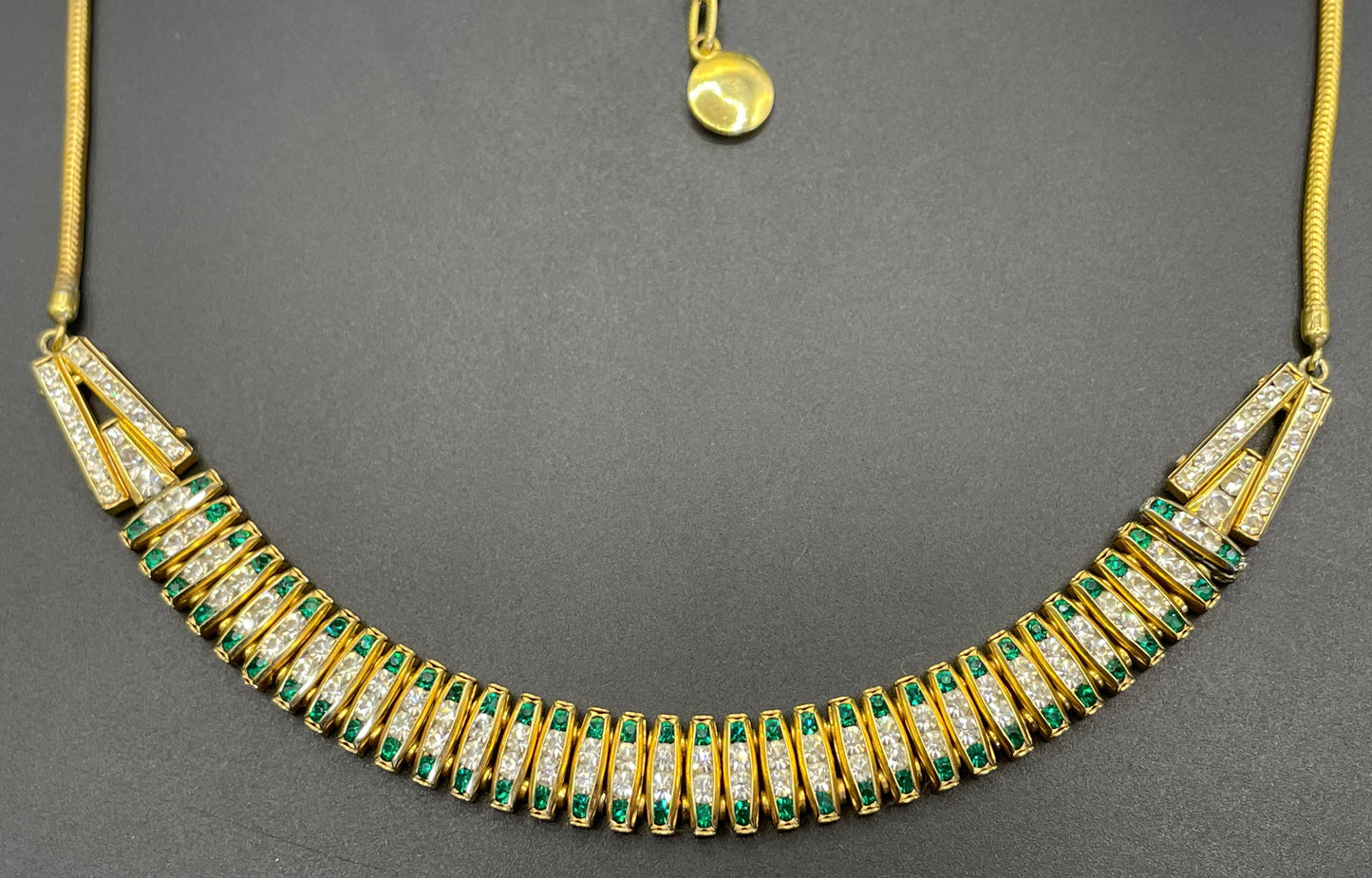 Vintage unsigned Esha Randel by Schreiber & Hiller Art Deco emerald green and clear paste rhinestone gold tone gilt machine age necklace