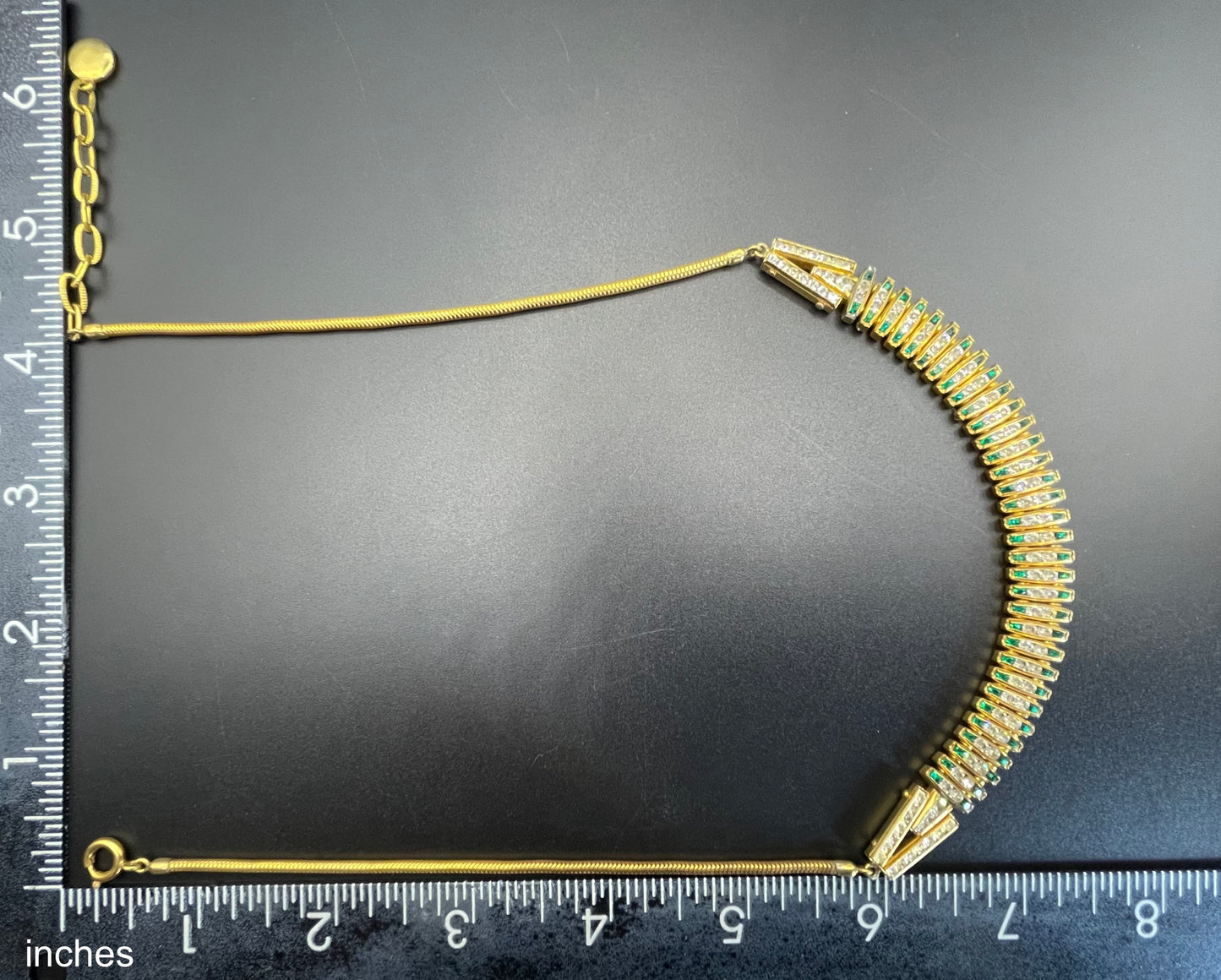 Vintage unsigned Esha Randel by Schreiber & Hiller Art Deco emerald green and clear paste rhinestone gold tone gilt machine age necklace