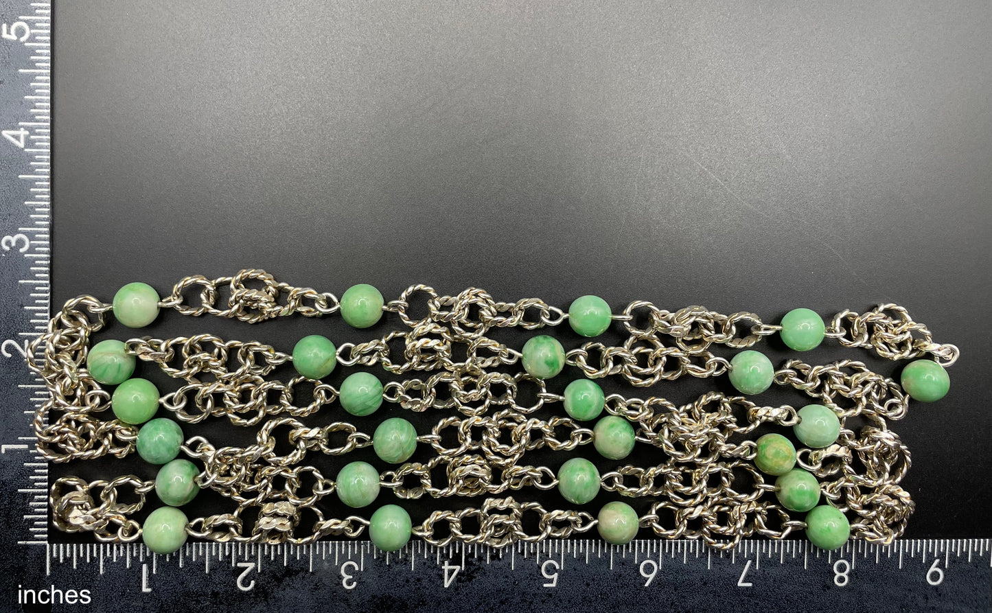 Vintage Art Deco green jade gemstone round bead and chunky unmarked solid silver link long flapper necklace