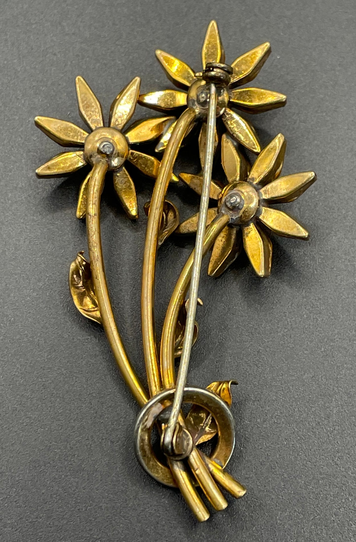Vintage Schreiber & Hiller (unsigned) flower brooch, Art Deco channel set red, pink, orange, yellow, blue and clear paste rhinestones