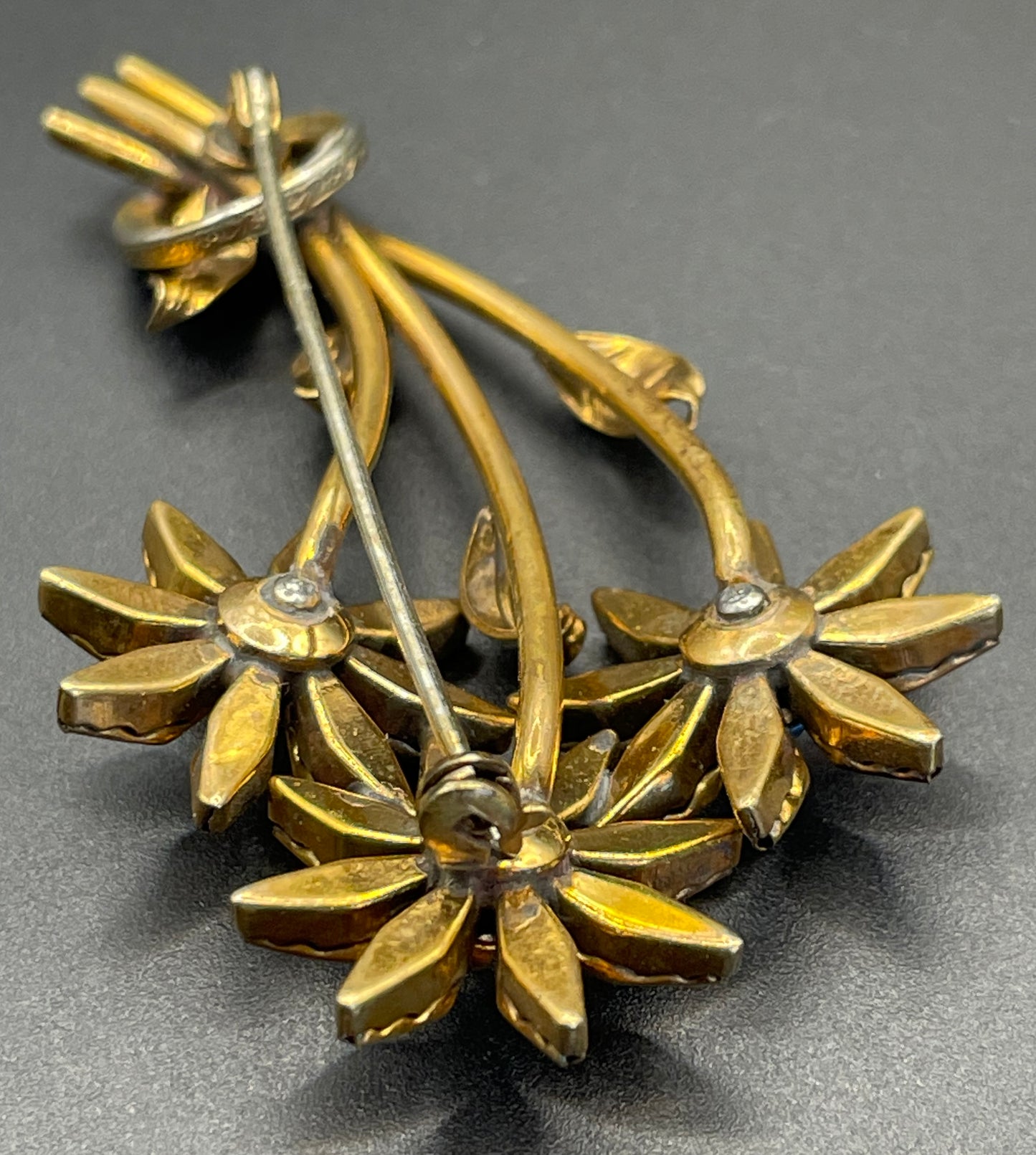 Vintage Schreiber & Hiller (unsigned) flower brooch, Art Deco channel set red, pink, orange, yellow, blue and clear paste rhinestones