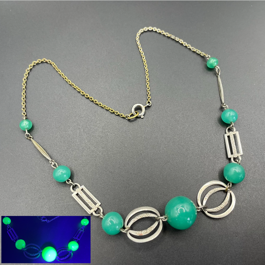 Vintage Art Deco machine age green uranium glass bead, chrome and filigree necklace, Jakob Bengel