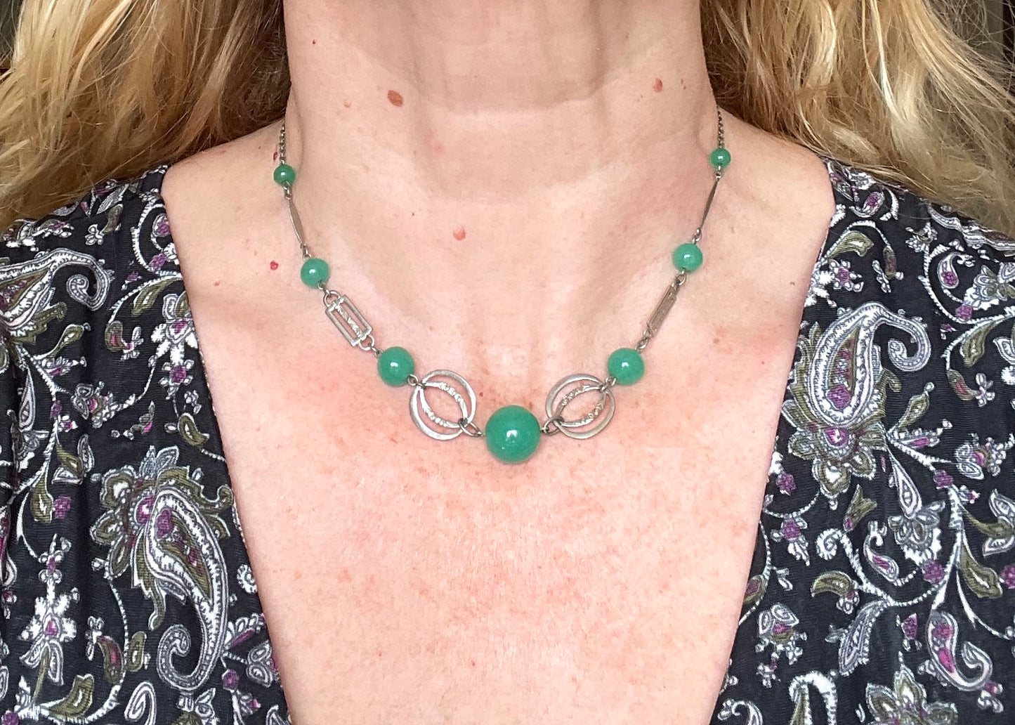 Vintage Art Deco machine age green uranium glass bead, chrome and filigree necklace, Jakob Bengel